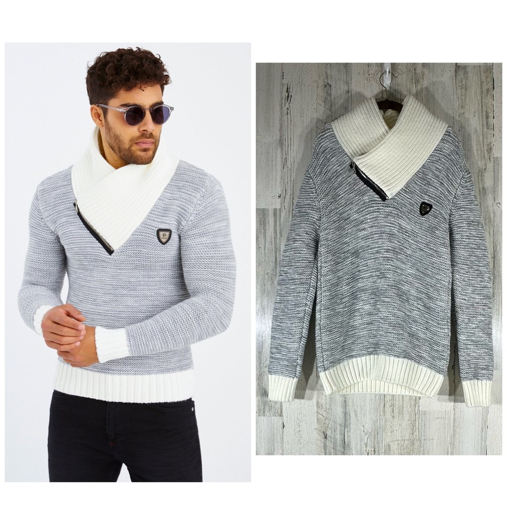 Leif Nelson Mens Sweater Large Gray Marl Cream Shawl Collar Zipper Accent Fitted